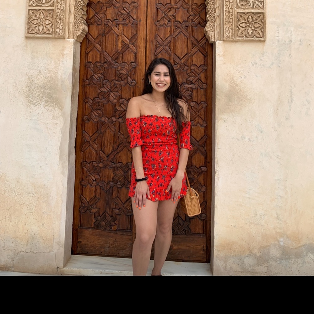 Etophe Studios Red floral off the shoulder mini dress